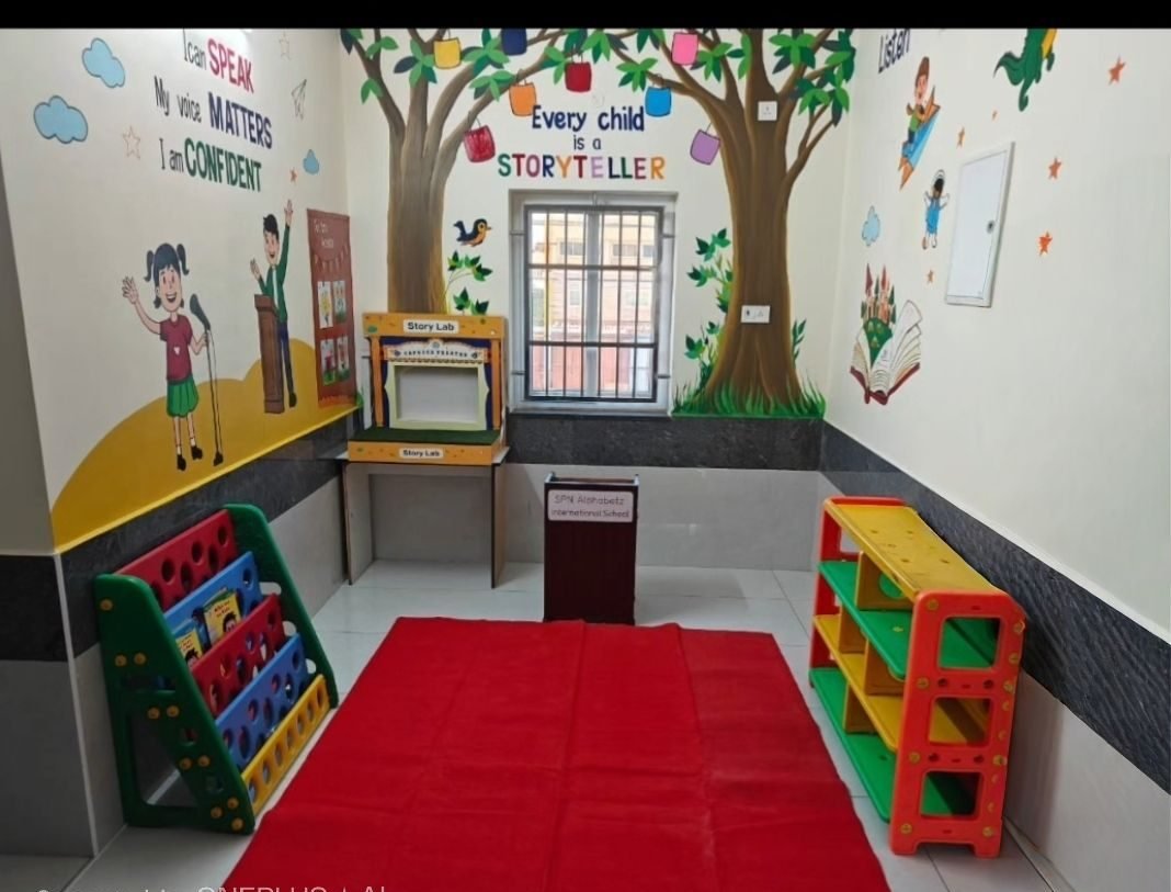 The Story Lab reading corner with its red story-time carpet