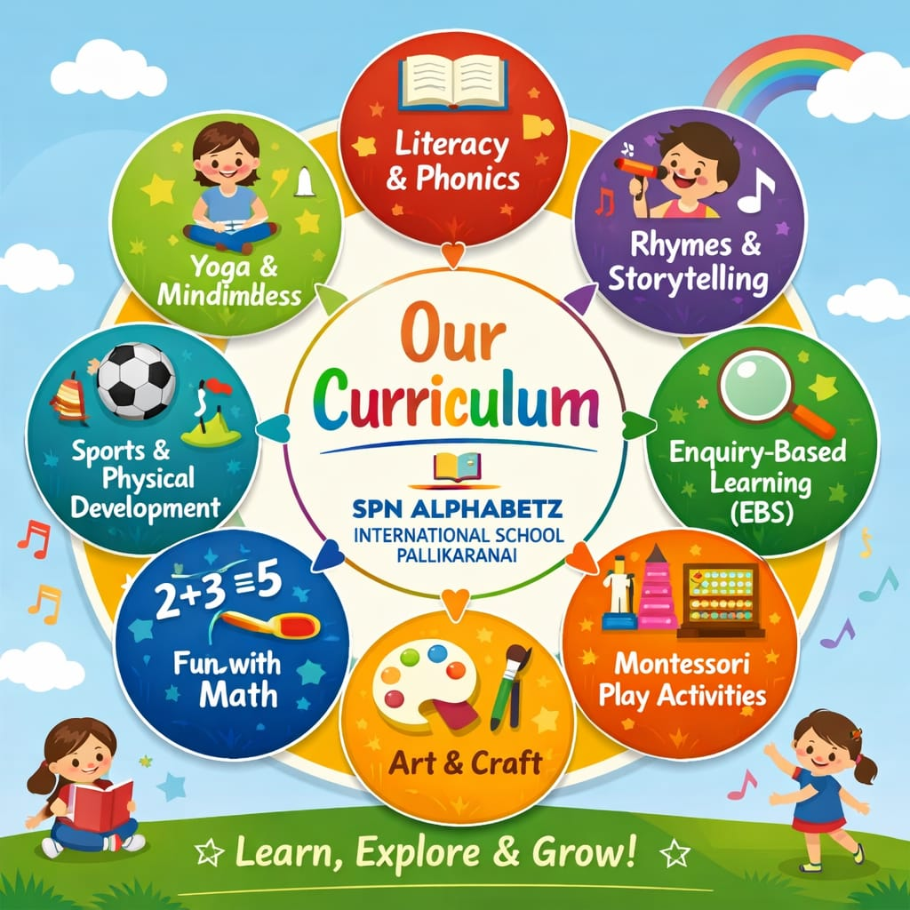 SPN Alphabetz curriculum overview with literacy, storytelling, enquiry-based learning, Montessori play, art and craft, math, sports, and yoga.